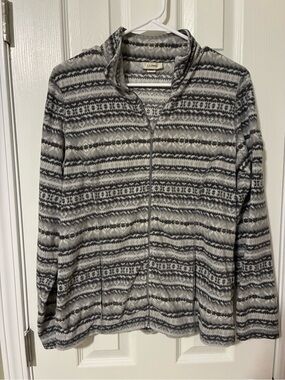 L.L. Bean Gray & White Patterned Full-Zip Teddy Fleece Jacket